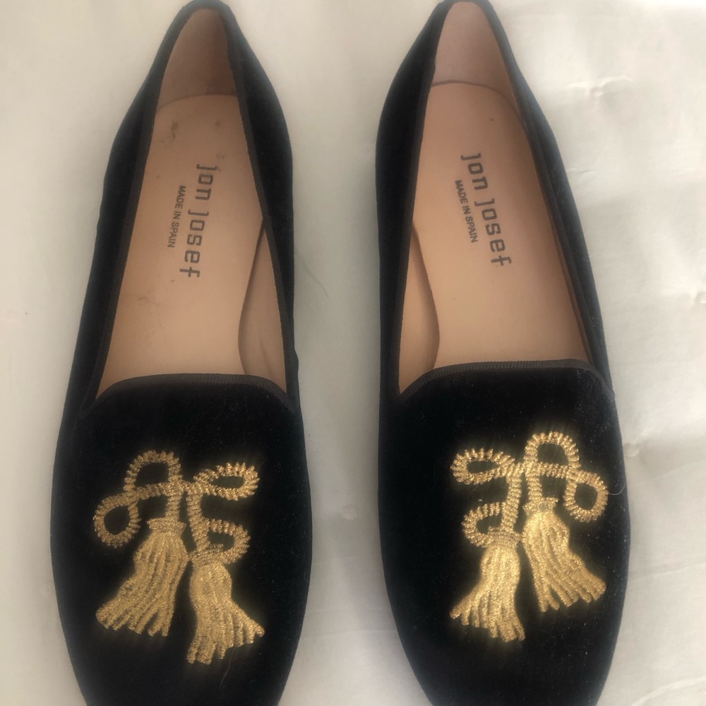 Jon Josef Black Velvet Loafers with Gold Detailing